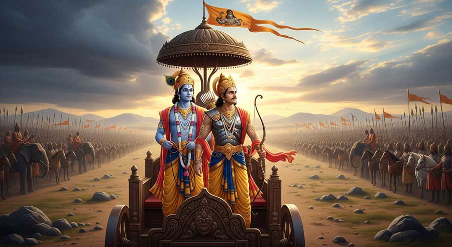 Крішна і Арджуна на колісниці перед початком битви на полі Курукшетра — перша глава Бхагавад Гіти.