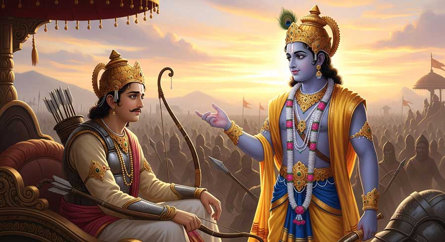 Крішна пояснює шлях безкорисливої дії Арджуні на полі битви — Бхагавад Гіта глава 3 Карма Йога
