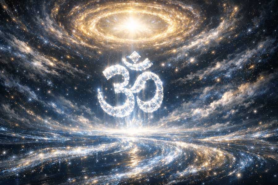 Золотий символ АУМ, що нерухомо височіє над потоками космічних вод Акшара, втілюючи вічне та нетлінне джерело Брахмана.