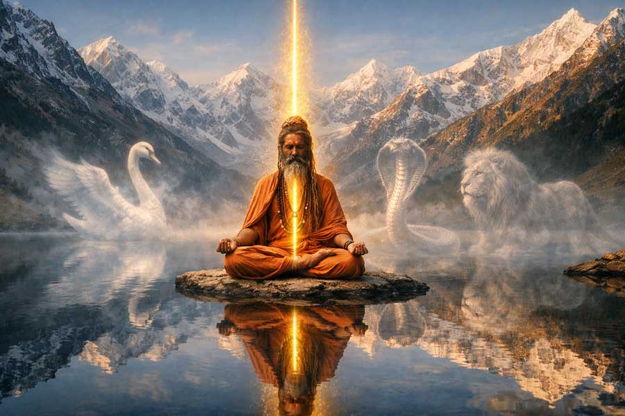 Йогін у нерухомій асані на фоні природи, що втілює рівновагу тіла, прани та розуму за вченням давніх Ріші.