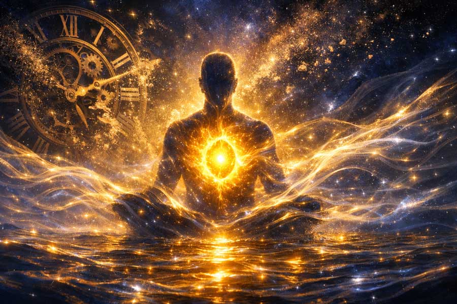 Зображення Атми як сяюче Сонце всередині людини, що розчиняється у Вселенському Океані, символізуючи безсмертну Душу.