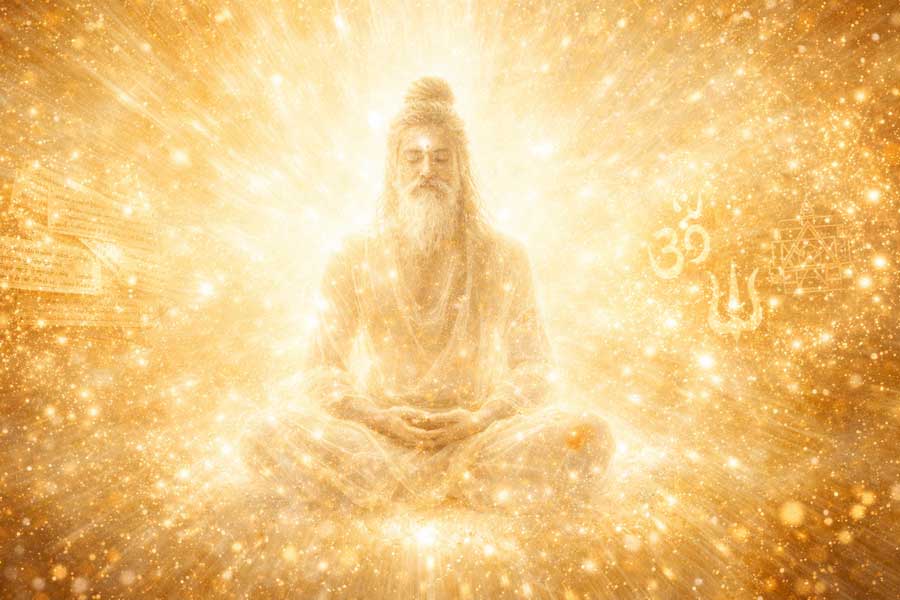 Йогін у Самадхі розчиняється у сяючій Повноті Брахмана, символізуючи злиття з Першоджерелом поза межами розуму та слів.