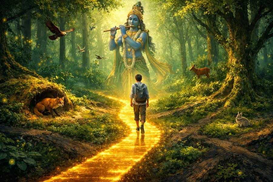 Йогін іде власною сяючою стежкою крізь ліс, символізуючи вірність своїй Дхармі та внутрішній природі поза впливом розуму.