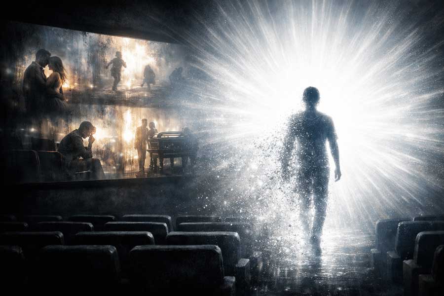 Глядач у кінотеатрі свідомості розвертається від екрана ілюзій до істинного Джерела Світла, стаючи самим Світлом.