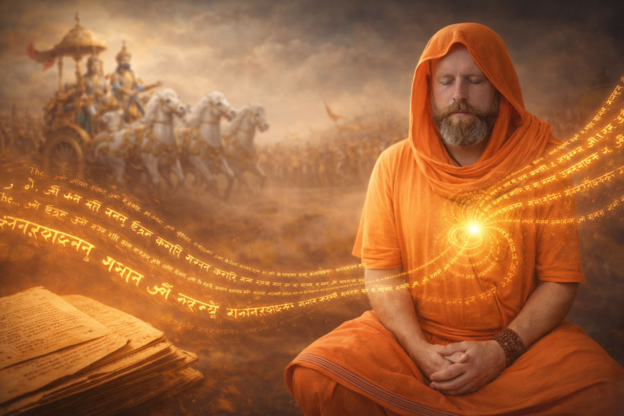 Золоте сяйво колісниці Крішни та Арджуни на полі Курукшетра, що переходить у потоки слів священної Бхагавад-Гіти.