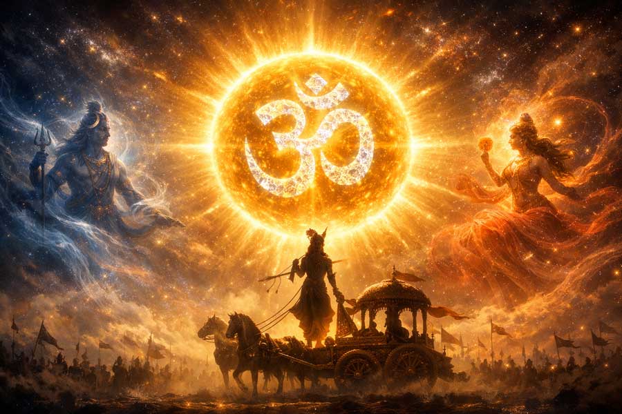 Зображення Ішвари як Сонця Свідомості, центр Всесвіту, що проявляється через звук ОМ та фігуру Крішни на Курукшетрі.