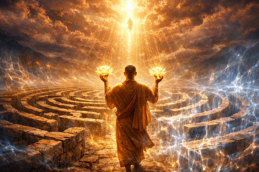 Сяюча постать йогіна, що проходить крізь лабіринт карми, пропонуючи плоди своїх дій небесному світлу як жертву.