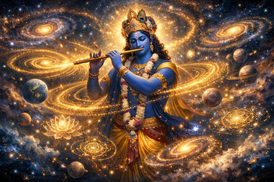 Золотий образ Крішни, що танцює в центрі всесвіту, об’єднуючи спокій Шиви та динамічну гру життя в єдине коло Адвайти.