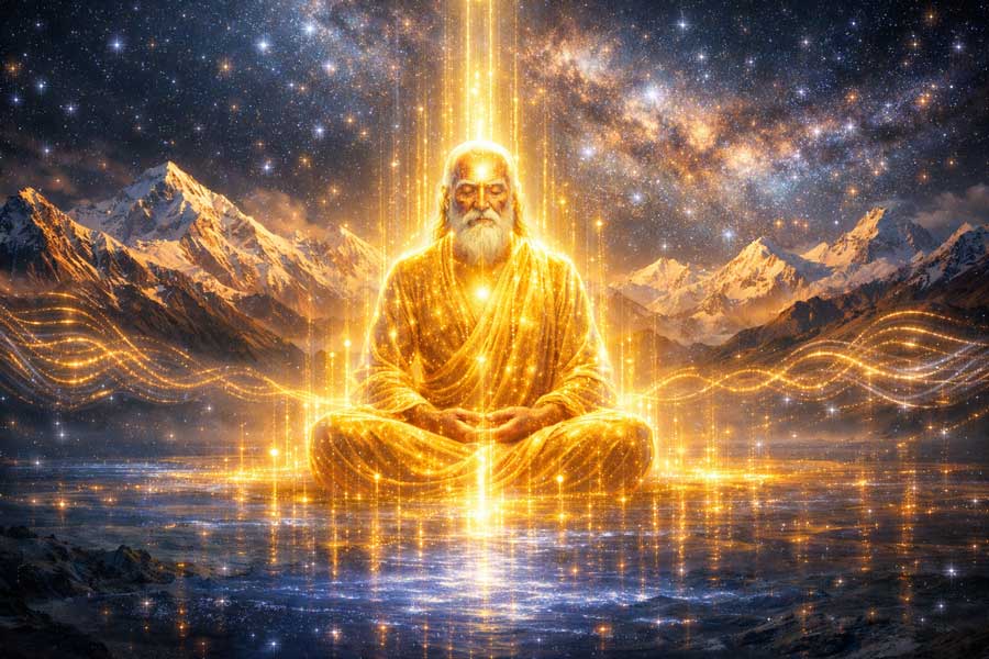 Величний образ Махатми на фоні засніжених Гімалаїв, що символізує міст між земним світом та Океаном Абсолюту.