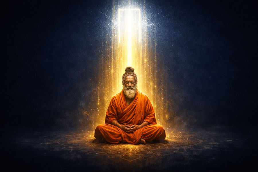 Сяюча постать у стані внутрішньої тиші перед потаємними дверима до Самадхі, що символізує вихід за межі розуму.