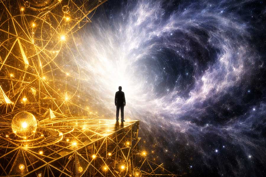 Символічне зображення розуму як золотої структури перед брамою сяючого Космосу — перехід до стану Не-розуму.