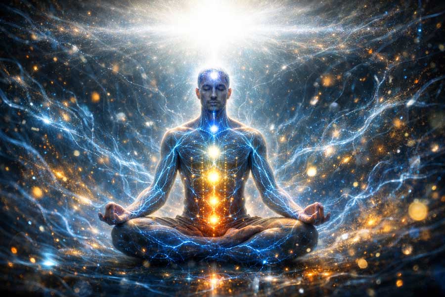 Сяючі потоки Прани, що наповнюють центри-акумулятори в тілі йогіна, ведучи до зупинки розуму та вищого стану Самадхі.