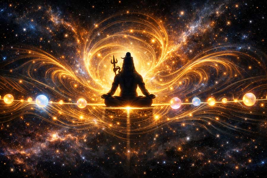 Золота нитка пульсації зв'язує звукові намистини в космічному просторі, символізуючи союз нерухомого Шиви та динамічної Шакті.