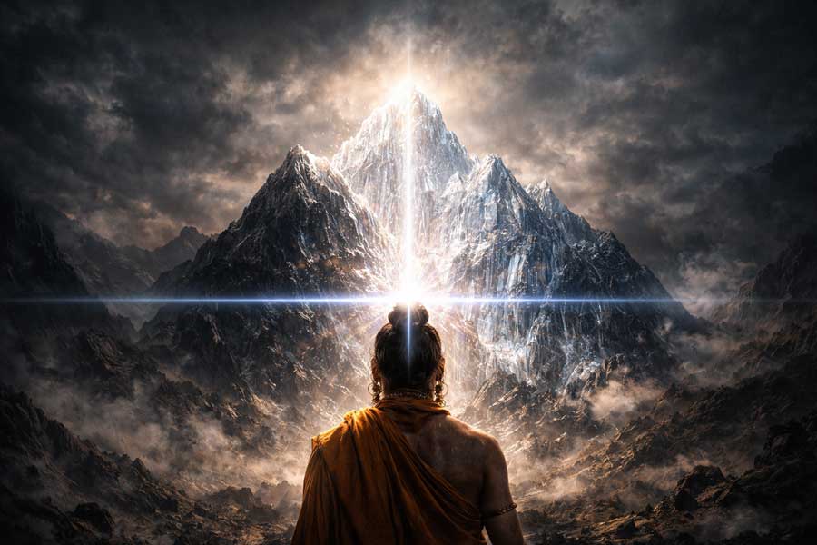 Промінь світла з ока йогіна розсікає темну гору, символізуючи непереможну силу Санкальпи та трансформацію реальності.