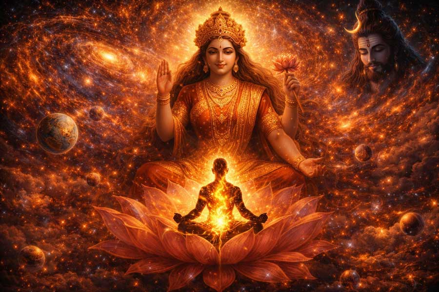 Пробуджена енергія Кундаліні у формі золотого світла піднімається по хребту, трансформуючи людину для вічного життя.