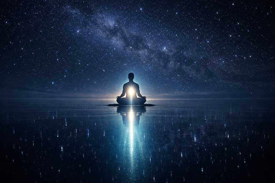 Йогі у глибокій тиші на фоні спокійного океану, що символізує відсутність хвиль у свідомості та глибини Самого Себе.
