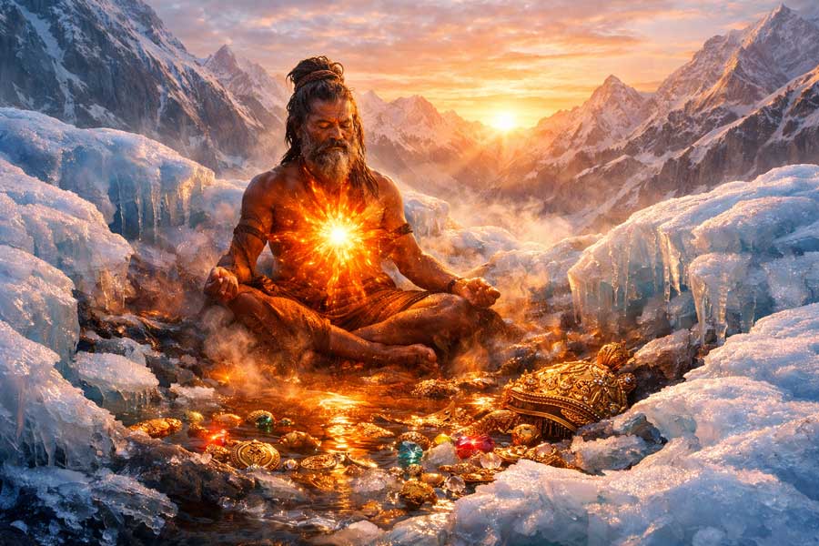 Йогін у медитації, оточений золотим вогнем Тапасу, що розтоплює кригу навколо, відкриваючи сяючі скарби всередині.