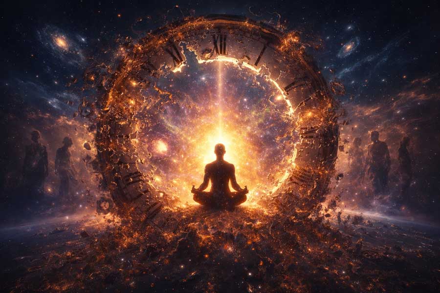 Surreal image of a clockwork crumbling in a meditating person's hands, symbolizing the exit from time into the eternal Now.