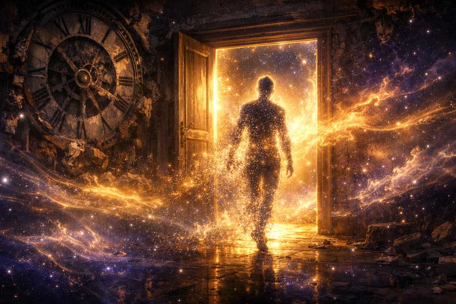 Зображення виходу людини з кімнати розуму у безмежний Космос, що втілює стан Трансцендентного та розчинення кордонів "я".