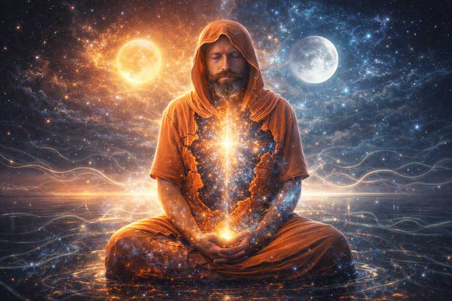 Йогі в глибокій медитації, що розчиняється в Космічному Океані — перехід від малого "я" до Космічного Я.