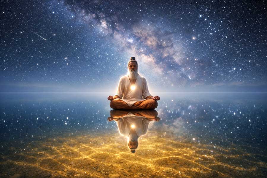 Йогін в медитації на березі дзеркально чистого озера свідомості. Візуалізація спокою Чітти, шлях до Самадхі.