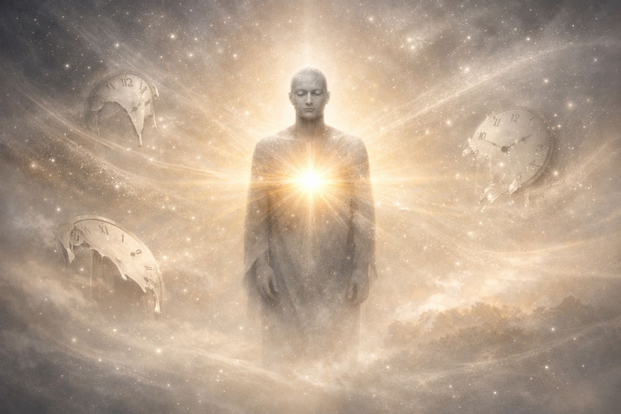 Символічна духовна сцена з фігурою в спокої, потоки часу та космічний простір як образи любові, життя і стану самадхі.