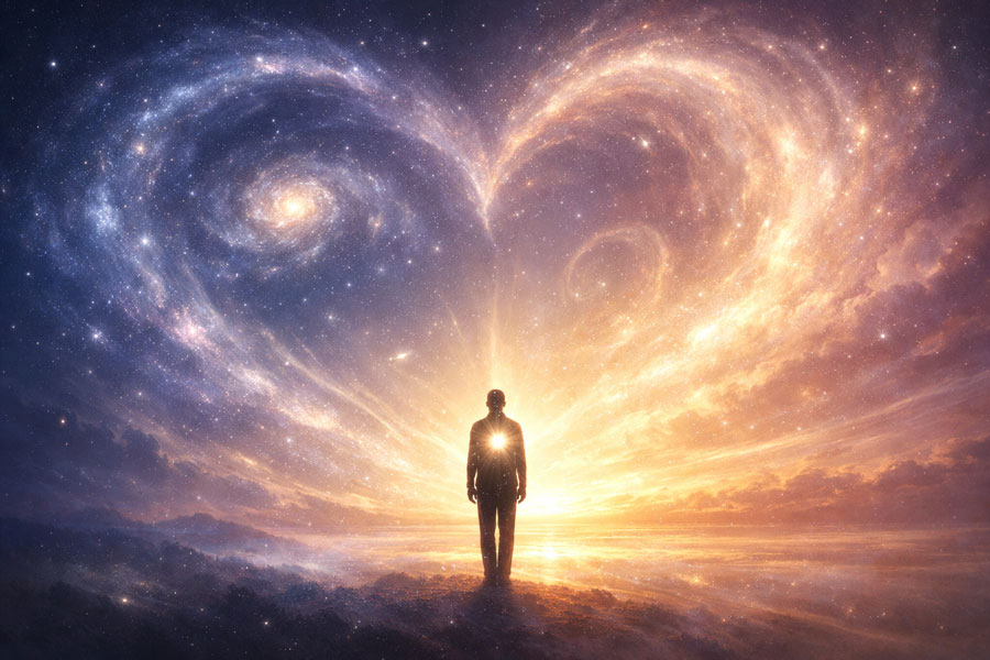 Космічна сцена зі силуетом людини на межі ночі й світанку.