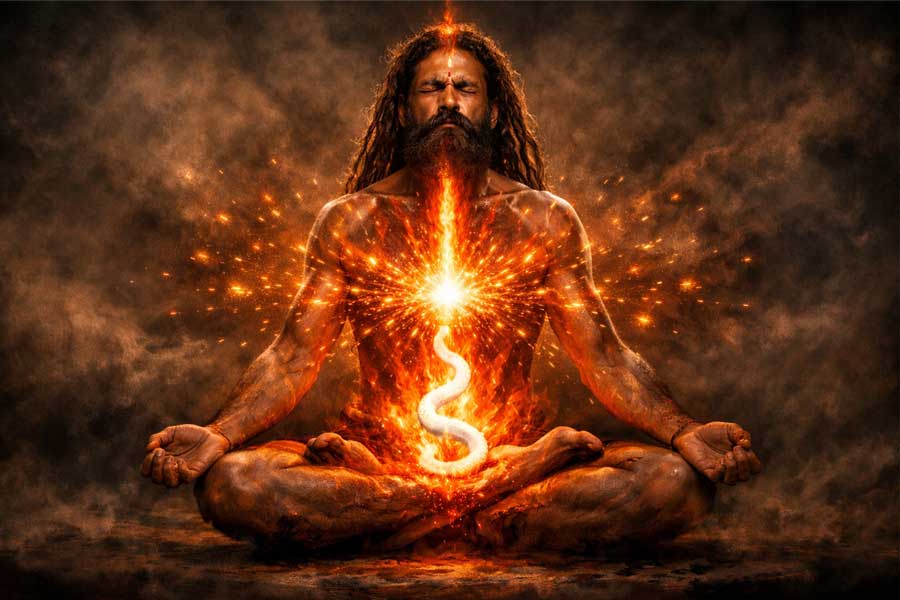 Йогін практикує Бхастріка пранаяму. Візуалізація внутрішнього вогню Тапасу, очищення чакр та пробудження енергії Кундаліні через інтенсивне дихання.