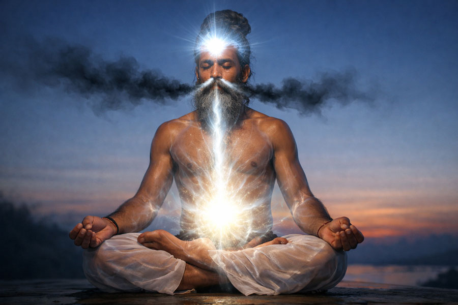 Йогін практикує Капалабхаті. Візуалізація очищення від токсинів через видих та активізація енергії Апани. Ефект «сяючого черепа» та трансформація свідомості.