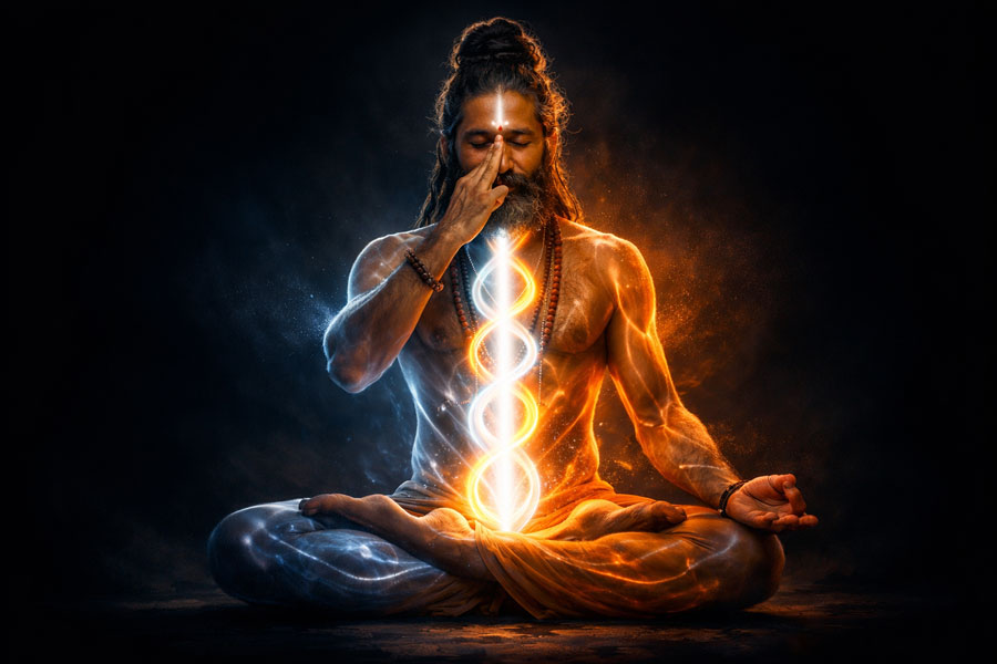 Йогін практикує Наді-шодхана пранаяму. Візуалізація енергетичних потоків Місяця та Сонця через канали Іда та Пінгала для очищення Наді та активації Сушумни.