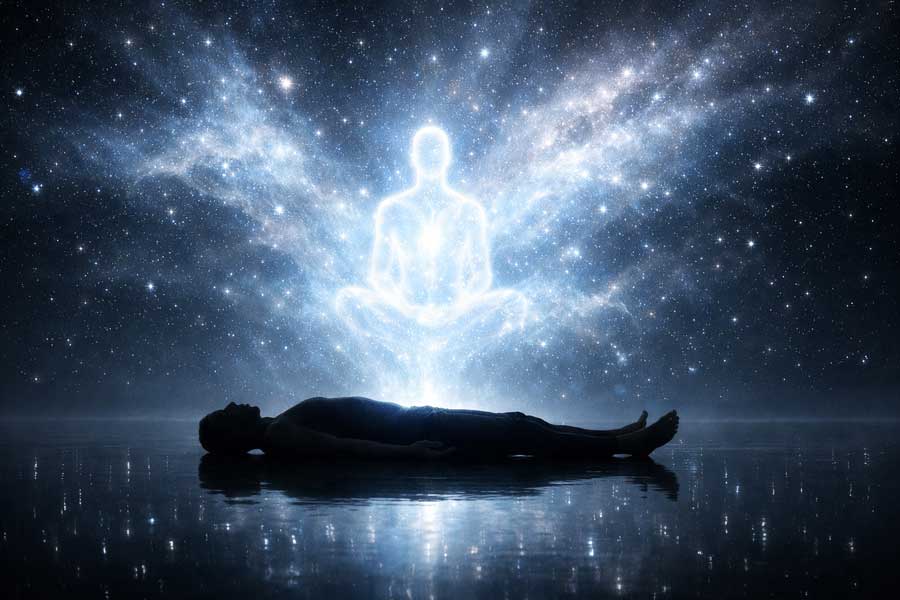 Поза Шавасана як двері в Самадхі. Візуалізація виходу душі за межі тіла та розуму в стан Турія (чиста свідомість). Духовне розслаблення та Сат Чіт Ананда.