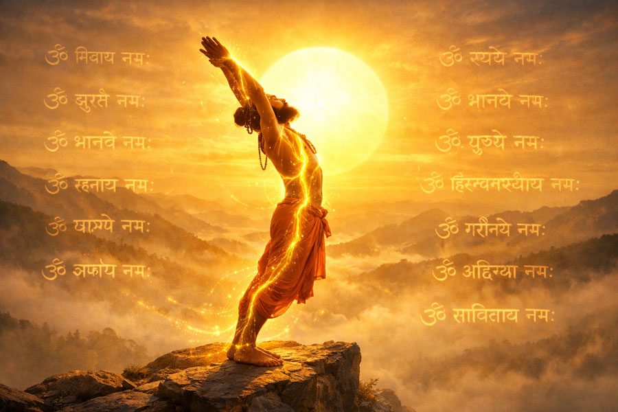 Йогін виконує Сур’я Намаскар на світанку. Практика привітання Сонцю, що поєднує дихання, рух прани та 12 духовних імен Сур’ї.