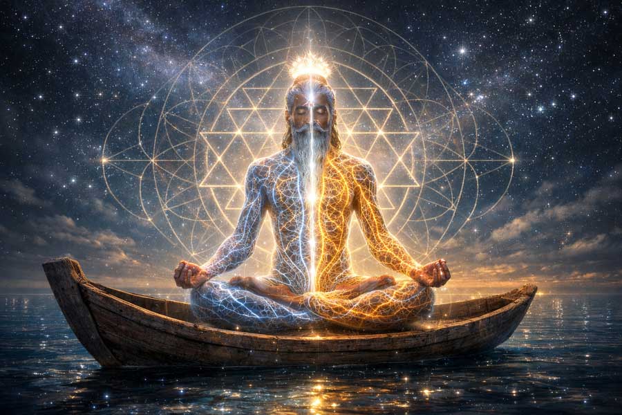 Енергетична структура тіла йогіна: канали Наді, Сушумна та Сахасрара. Символічне зображення тіла як човна у водах проявленого Всесвіту.